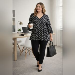 NWT Nic + Zoe Black Multi Print V-Neck Tunic Top 2X Flowy Bell Sleeve W/ Stretch